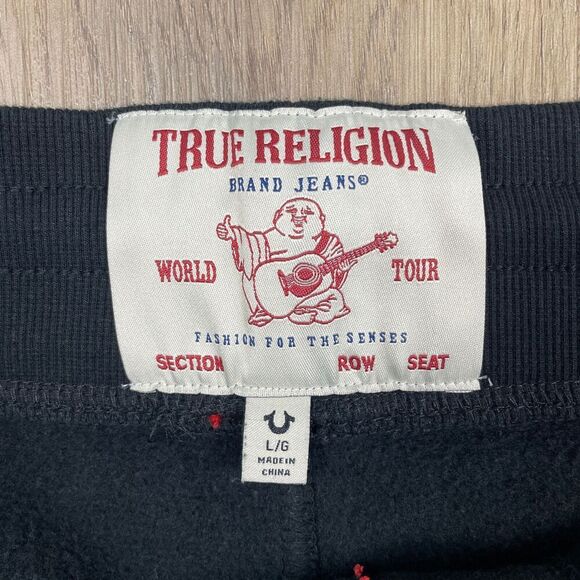 True Religion Pants Mens Large Black Jogg Sweatpants Contrast Stitching Logo - Picture 3 of 9